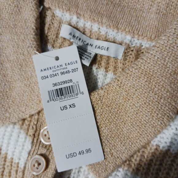NEW American Eagle Henley Collared Tan/White Striped‎ Sweater Size XS Preppy - Picture 5 of 9